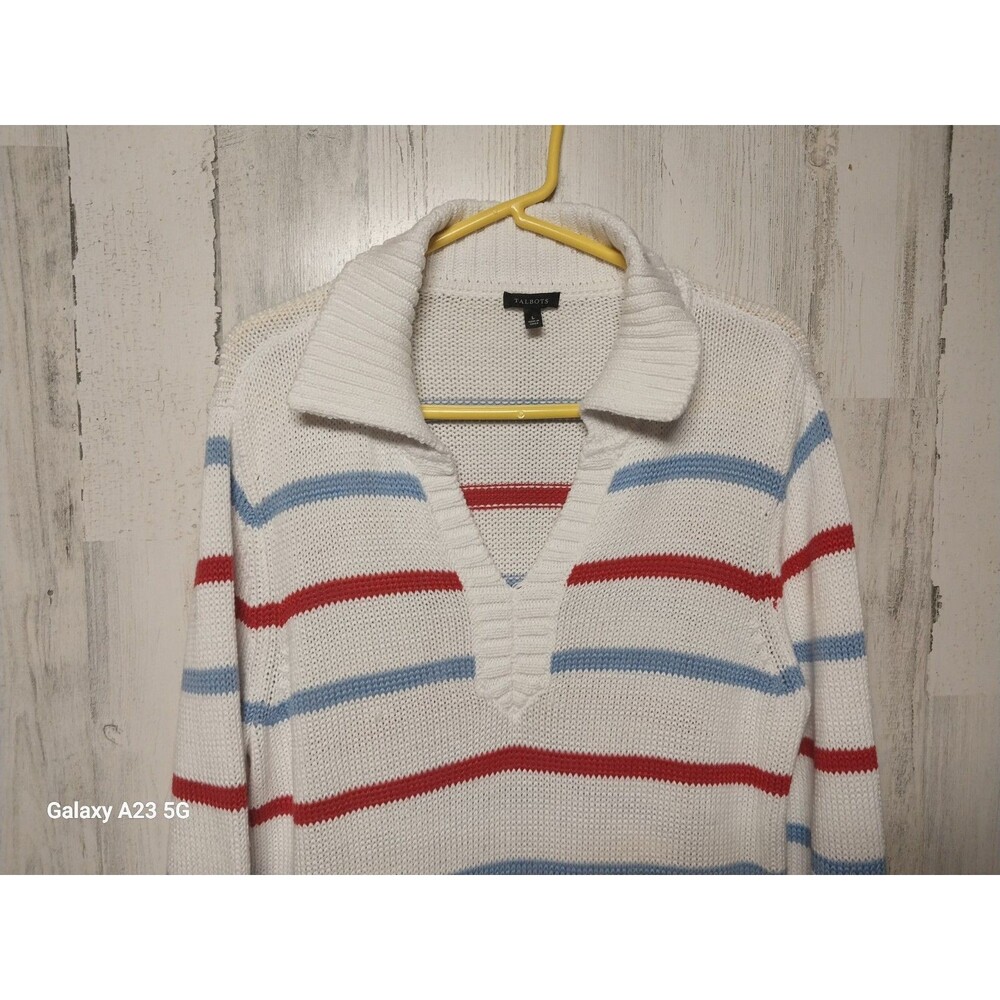 Talbots Womens White Blue Beach Striped Johnny Collar Knit Pullover Sweater L - Picture 3 of 8